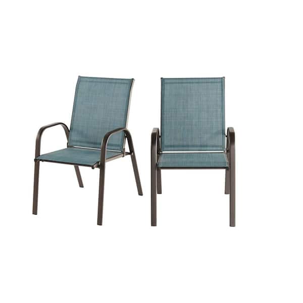 StyleWell Mix and Match Dark Taupe Steel Sling Outdoor Patio Dining Chair in Conley Denim Blue (2-Pack)