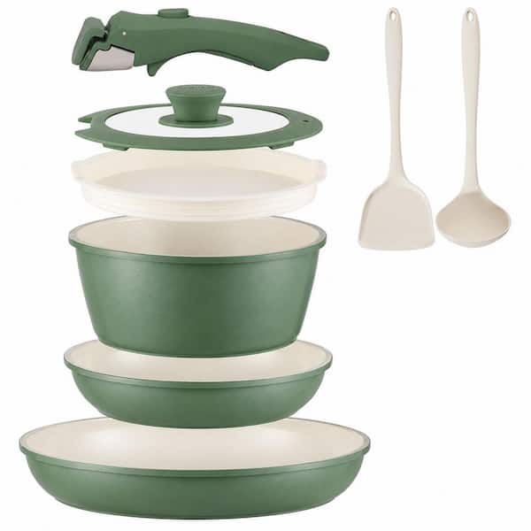 8 Piece Ceramic Nonstick Cookware Set with Removable Handle Induction Safe Oven Dishwasher Safe Forest Green