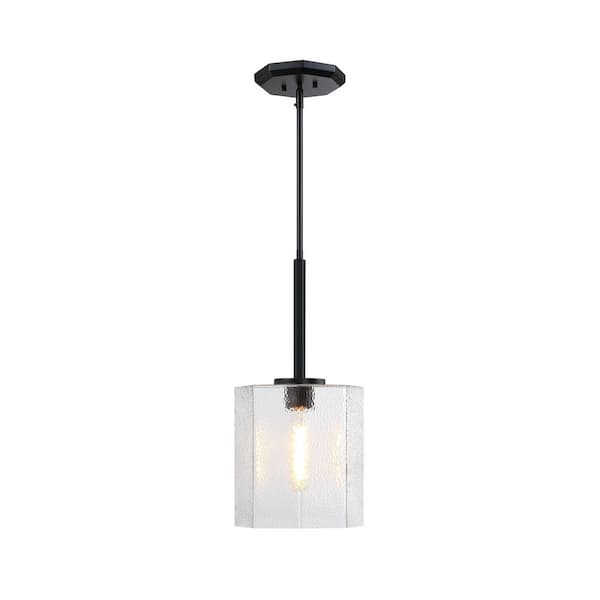 Haven 60 Watt 1-Light Matte Black Geometric Pendant Light with Clear Rippled Glass Shade