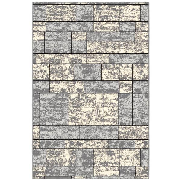 Ottomanson Ottohome Collection Non-Slip Rubberback Boxes Design 3x5 Indoor Area Rug, 3 ft. 3 in. x 5 ft., Gray