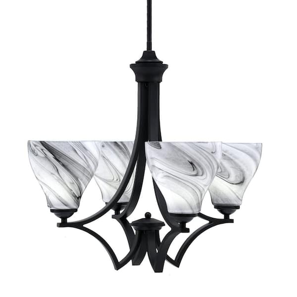 Unbranded Clevelend 4-Light Matte Black Round Chandelier with 6.25 in. Onyx Swirl Glass Shades, No bulbs included