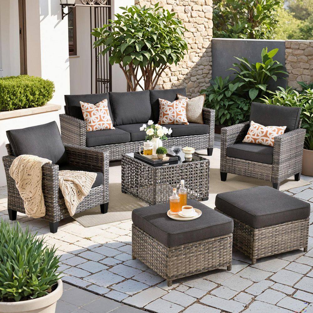 New Vultros Gray 6-Piece Wicker Patio Conversation Set with Black Cushions and Solar LED Coffee Table price history on PriceWatchPro