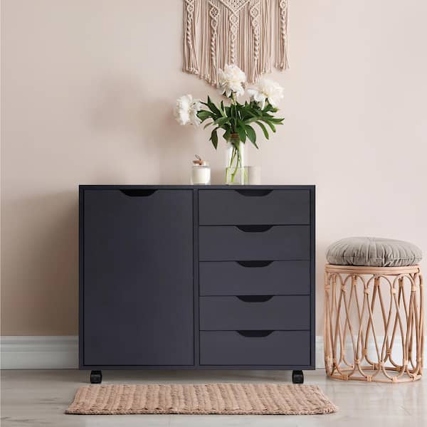 HOMESTOCK Black 5 Drawer Wood Dresser Storage Cabinet with Shelves Wheels Craft Storage Makeup Drawer File Cabinet 66833HD