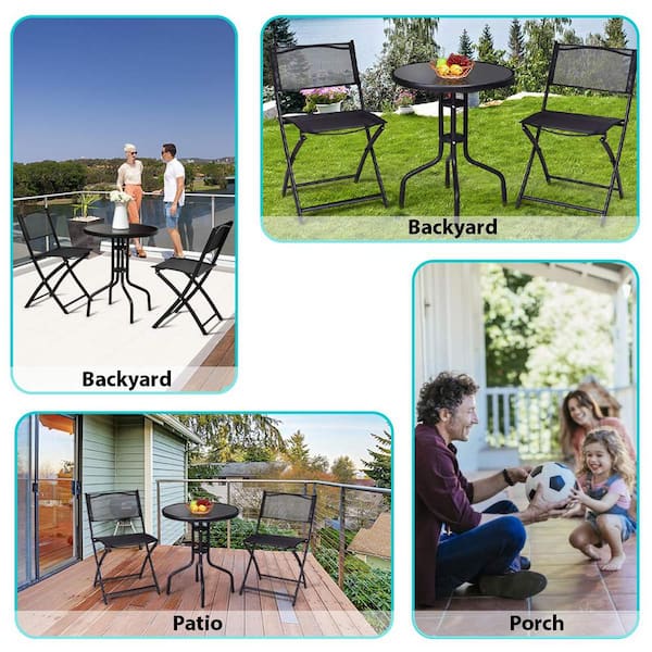 Alpulon Indoor/Outdoor 3-Piece Metal Folding Bistro Set with Glass Top Table