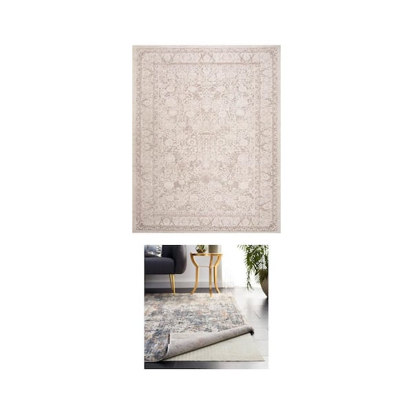 Reflection Beige/Cream 9 ft. x 12 ft. Border Distressed Area Rug and Flat White Non-Slip 0.08 in. Rug Pad