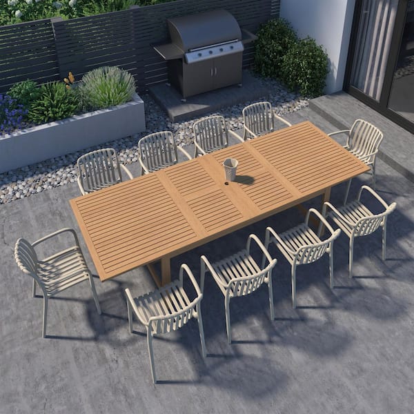 Amazonia Takamaka 11-Piece Teak Finish Wood 100% FSC Rectangular Patio Dining Set Sand
