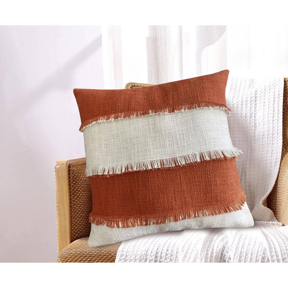 Terra Cotta and White Cotton Fringed Square Throw Pillow