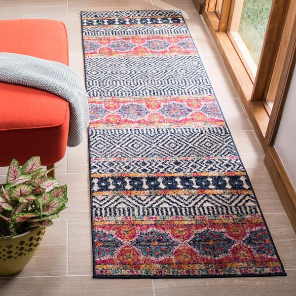 Madison Navy/Ivory 2 ft. x 18 ft. Geometric Floral Ikat Runner Rug