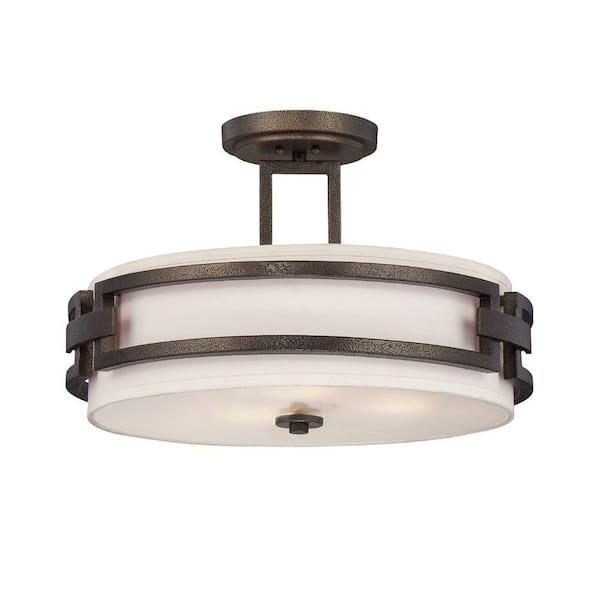 Designers Fountain Del Ray 17.5 in. 3-Light Mid-Century Modern Flemish Bronze Semi Flush Mount Ceiling Light with White Fabric Shade