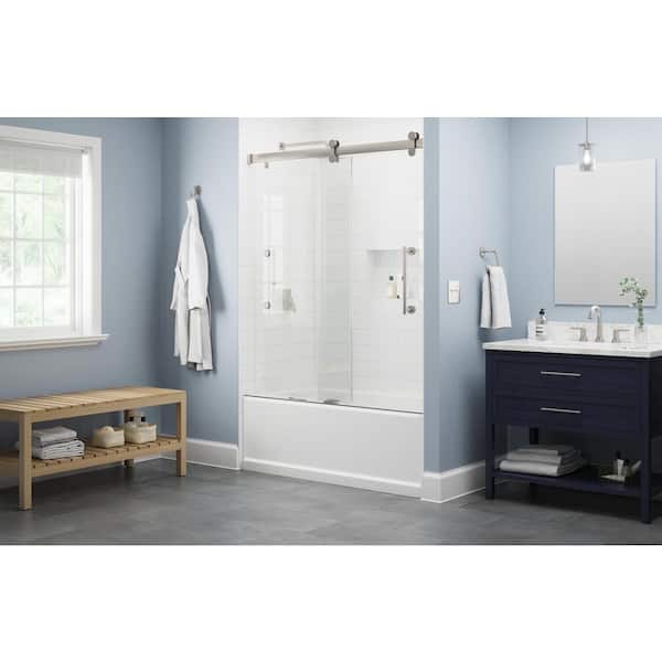 Paxos 60 in. W x 62-1/4 in. H Frameless Sliding Bathtub Door in Nickel with 5/16 in. (8mm) Tempered Clear Glass Paxos 60 in. W x 62-1/4 in. H Frameless Sliding Bathtub Door in Nickel with 5/16 in. (8mm) Tempered Clear Glass