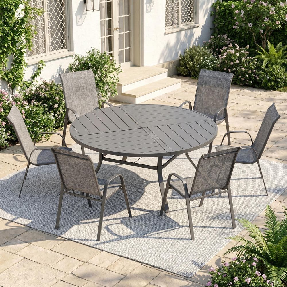 7-Piece Metal Outdoor Dining Set with 50 in. Gray Round Dining Table and 6 Stackable Textilene Chairs in Gray Fabric price history on PriceWatchPro