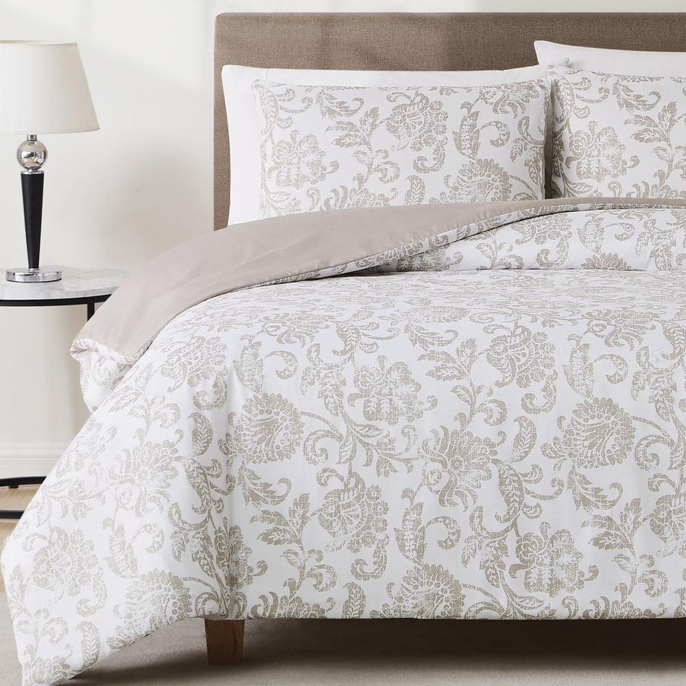 Twin White and Taupe Microfiber Reversible Comforter Set
