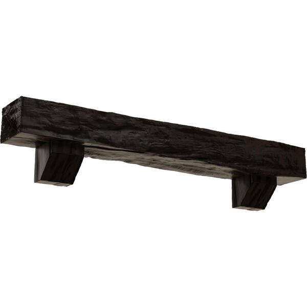 Ekena Millwork 8 in. x 10 in. x 5 ft. Riverwood Faux Wood Fireplace Mantel Kit, Ashford Corbels, Premium Walnut