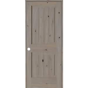 32 in. x 80 in. Knotty Alder 2 Panel Right-Hand Square Top V-Groove Grey Stain Solid Wood Single Prehung Interior Door
