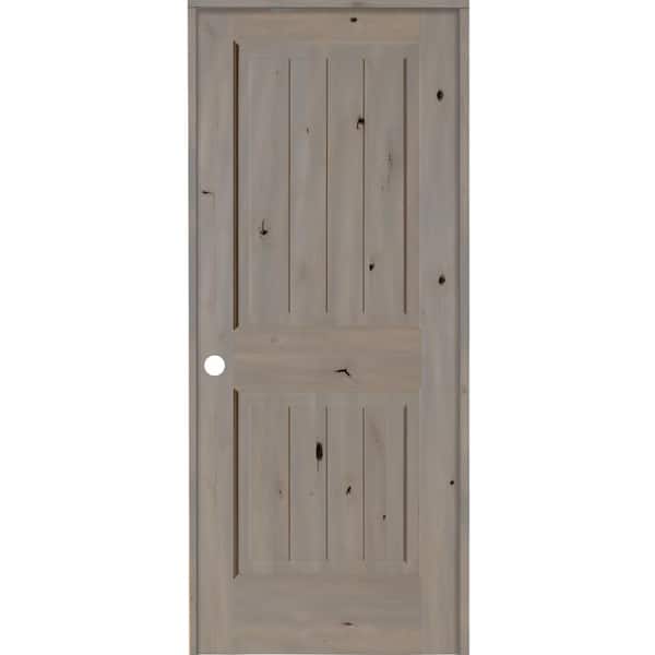 Krosswood Doors 32 in. x 80 in. Knotty Alder 2 Panel Right-Hand Square Top V-Groove Grey Stain Solid Wood Single Prehung Interior Door
