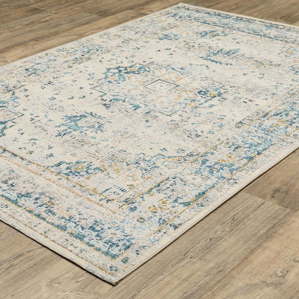 Nolan Ivory/Blue 10 ft. x 13 ft. Traditional Distressed Oriental Polypropylene Indoor/Outdoor Area Rug