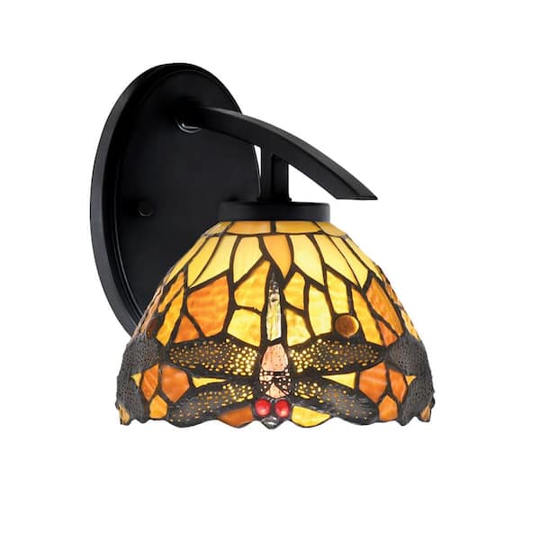 Unbranded Siena 1-Light Matte Black Downlight Wall Sconce with Amber Dragonfly Art Glass Shade