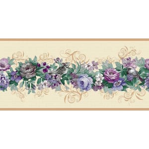 Falkirk Dandy Purple, Blue, Green, Beige Flowers on Vine Floral Peel and Stick Wallpaper Border