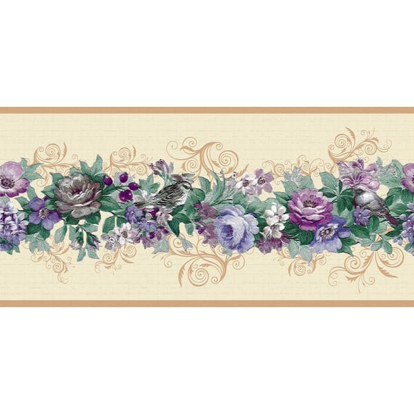 Dundee Deco Falkirk Dandy Purple, Blue, Green, Beige Flowers on Vine Floral Peel and Stick Wallpaper Border