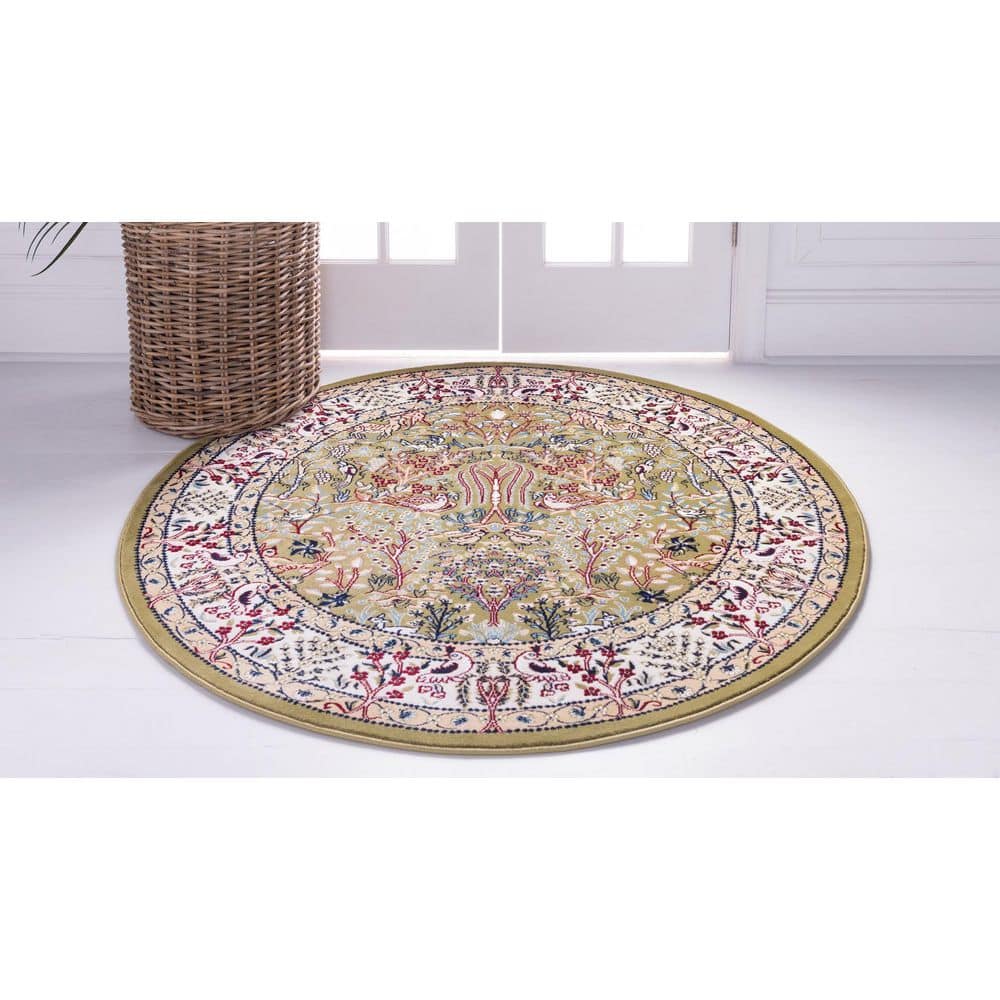 Green Round Stain-Resistant Synthetic Area Rug