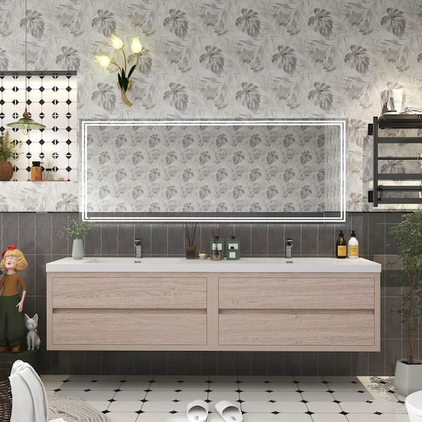 BV Better Vanity Louis 84 in. W x 20 in. D x 22 in. H Double Sink Floating Bath Vanity in Pink Wood with White Acrylic Top