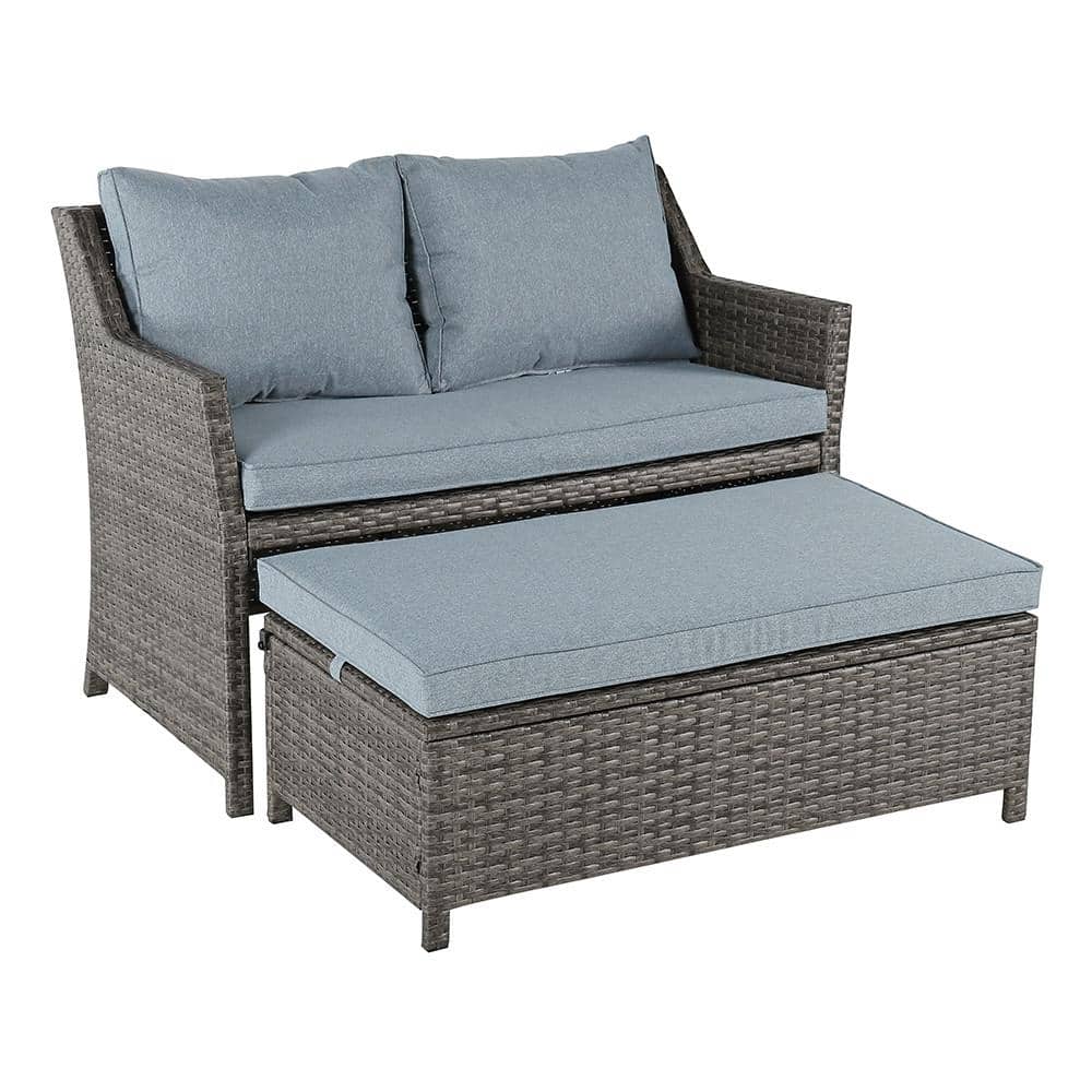 Grey 2-Piece Wicker Patio Conversation Sectional Set with Storage Ottoman, 