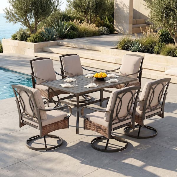 7-Piece Metal Outdoor Dining Set with Beige Cushions and Swivel Chairs