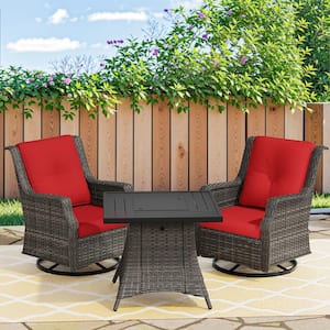 3-Piece Wicker Outdoor Fire Pit Patio Swivel Rocking Chair Set with Red Cushions and Rectangular Fire Pit Table