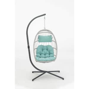 Outdoor Patio Wicker Hanging Chair Swing Chair Patio Egg Chair UV Resistant Blue Cushion Aluminum Frame in Gray