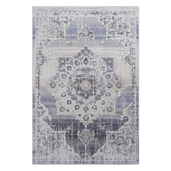 6 ft. x 7 ft. Cream Blue Abstract Washable for Bedroom, Dining Room, Living Room Area Rug