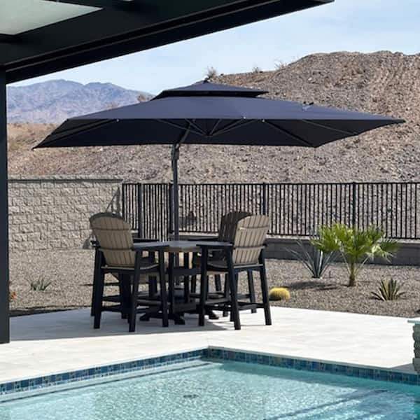 12 ft. Square 2-Tier Aluminum Cantilever 360-Degree Rotation Patio Umbrella with Base, Navy Blue