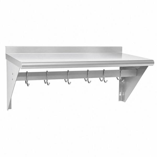 18 in. x 36 in. Stainless Steel Shelf with 6 Hooks, Wall Mounted Pot Rack 350 lb. NSF Commercial Floating Shelving