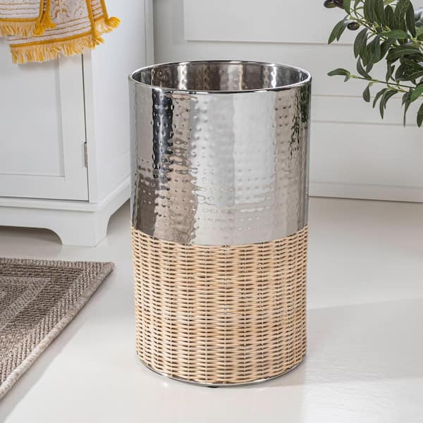 Asher Modern 4.13 Gal. 2-Tone Natural Wicker/Metal Cylinder Waste Basket, Chrome/Natural