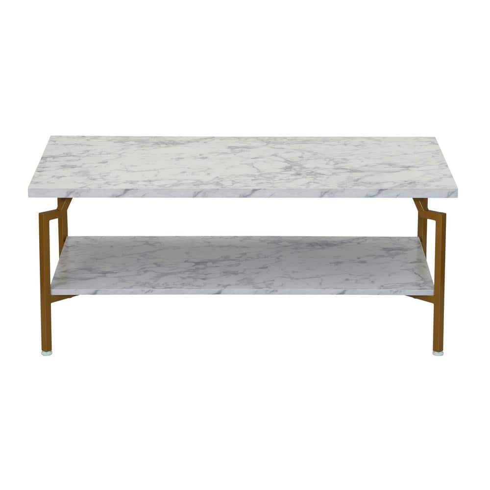 Crown Rectangular White Marble and Gold Metal Coffee Table with Storage Shelf
