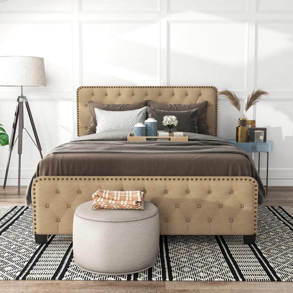 Regal King Brown Upholstered Platform Bed with Nailhead Trim