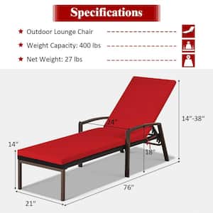 1-Piece Metal Outdoor Chaise Lounge with Adjustable Backrest and Red Cushion
