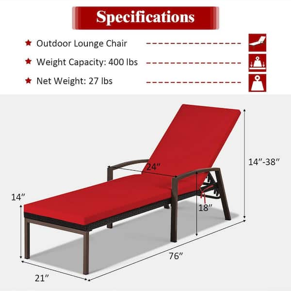 1-Piece Metal Outdoor Chaise Lounge with Adjustable Backrest and Red Cushion