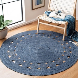 Natural Fiber Navy 5 ft. x 5 ft. Border Woven Round Area Rug