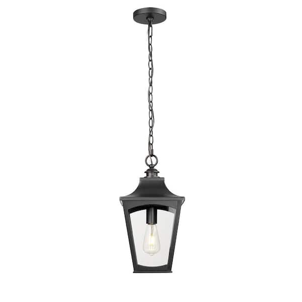 Curry 17.5 in. 1-Light Powder Coated Black Dimmable Outdoor Hardwired Pendant Light with Clear Glass No Bulbs Included
