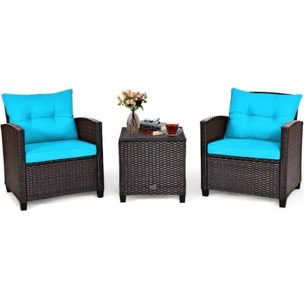 Brown 3-Piece Wicker Outdoor Lounge Chair Without Sunshade with Blue Cushions