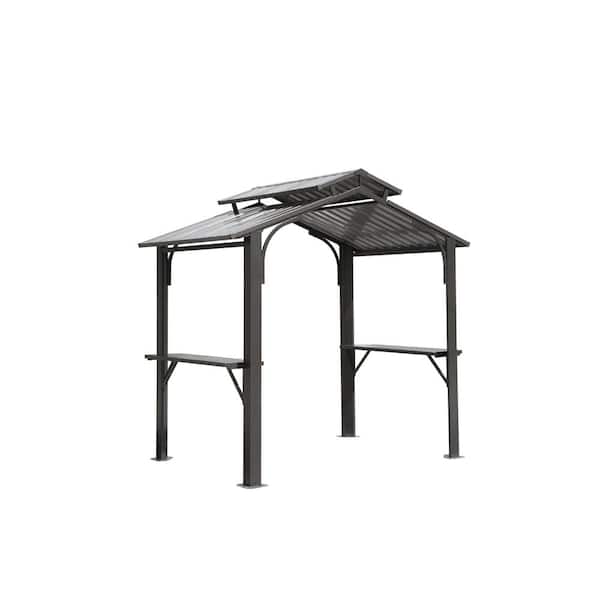 8 ft. x 5 ft. Grey Outdoor Gazebo w/ Galvanized Steel Double Roof, 2 Side Shelves,Ceiling Hook,Sun Shade Canopy Shelter