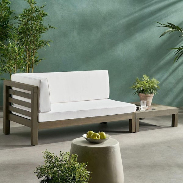 Double Acacia Wood Outdoor Bench and Coffee Table with White Cushions