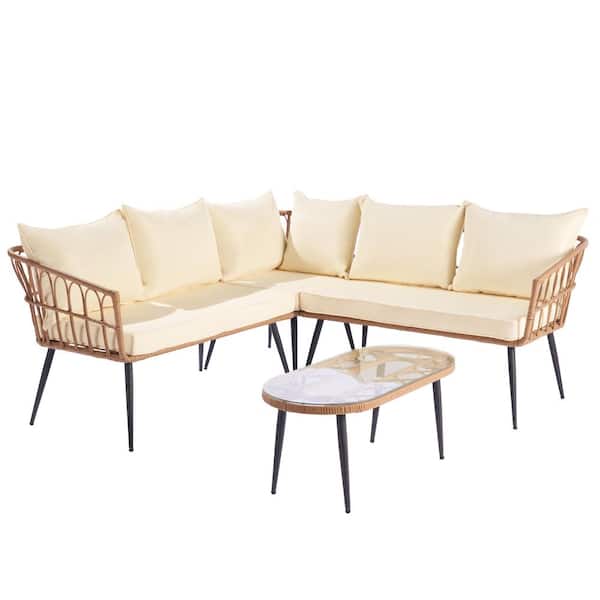 SANSTAR Outdoor Wicker Sofa Patio Furniture, L-Shaped with Table in Light Yellow Cushions