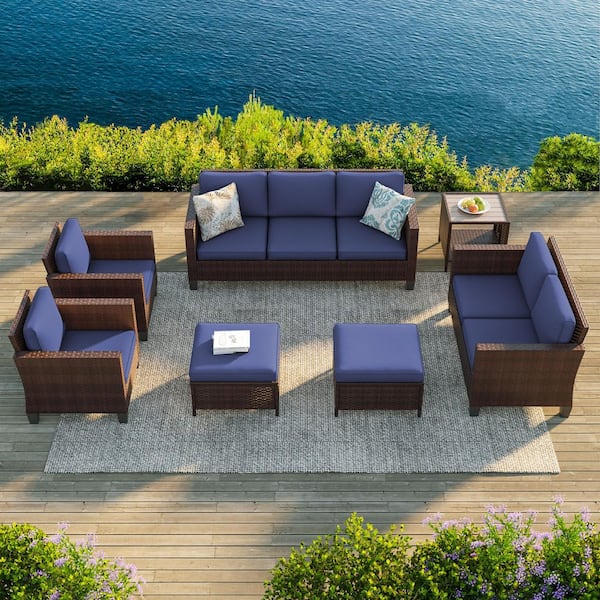 7-Pieces Patio Conversation Set with Side Table, Loveseat Sofa and Ottomans Brown Wicker with Navy Blue Cushions
