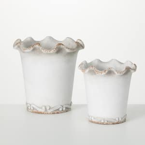 7 in. and 9 in. White Scalloped Edge Concrete Pot (Set of 2)