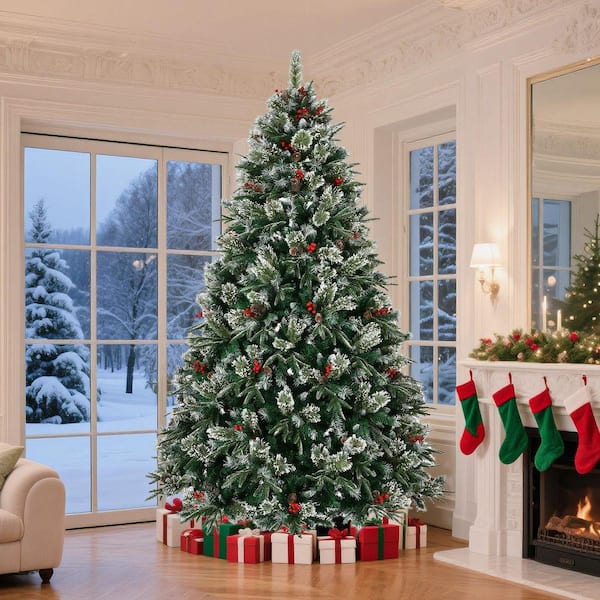Huluwat 8 ft. Green PVC Pre-Decorated Snow Frosted Artificial