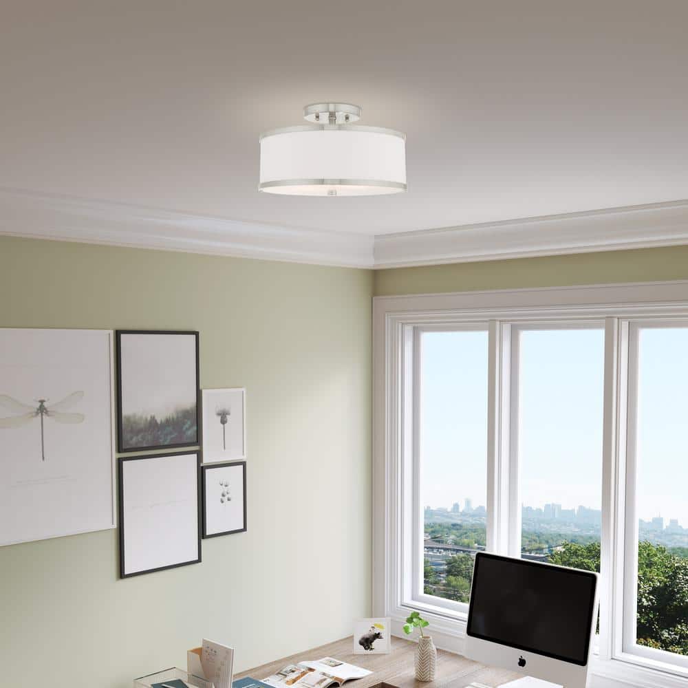 Brushed Nickel 2-Light Semi-Flush Mount with White Drum Shade
