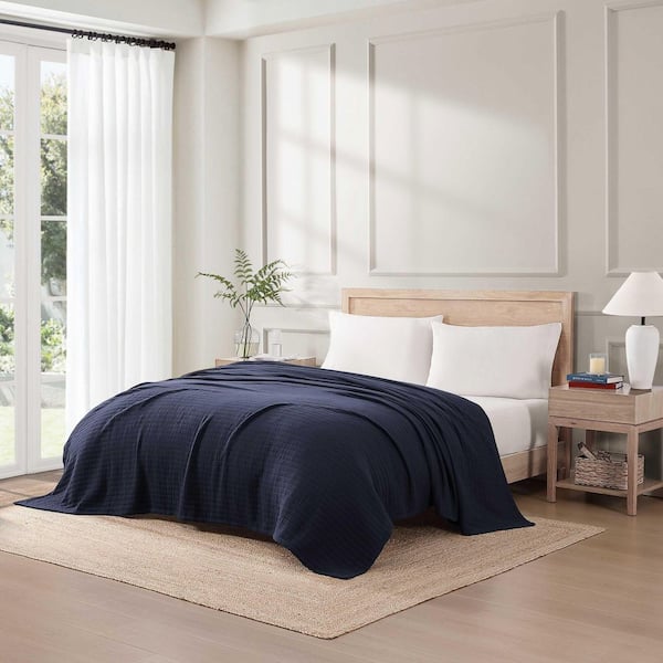 Tommy Hilfiger Essential Weave Navy Blue Cotton Twin Blanket