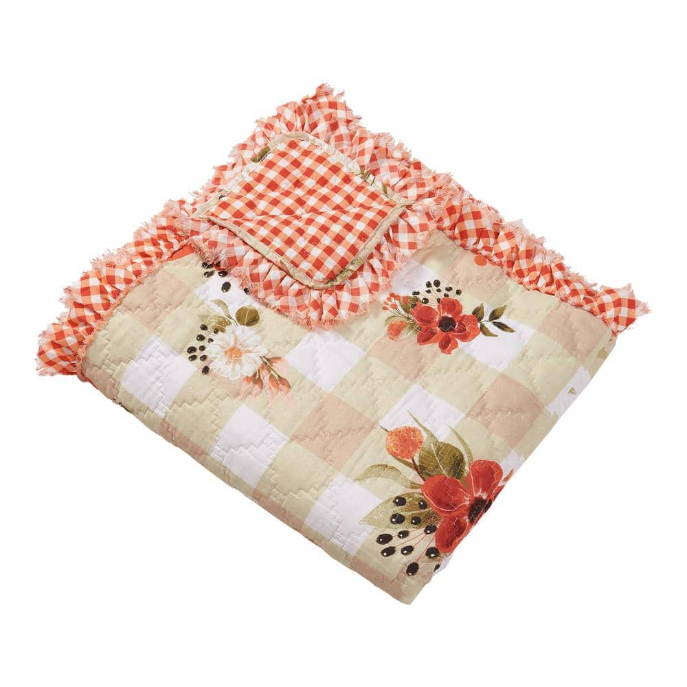 Gingham Floral Reversible Cotton Throw Blanket with Ruffle Trim
