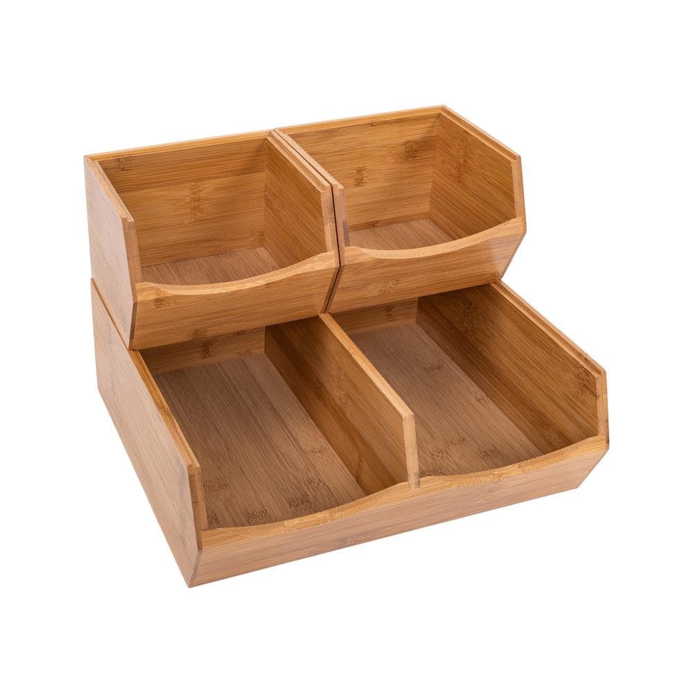Natural Bamboo Stackable Bin Organizer Set with Three Shelves
